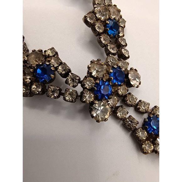 Vintage Sapphire Blue Clear Rhinestone Paste Choker Necklace Statement Cocktail - Picture 14 of 15